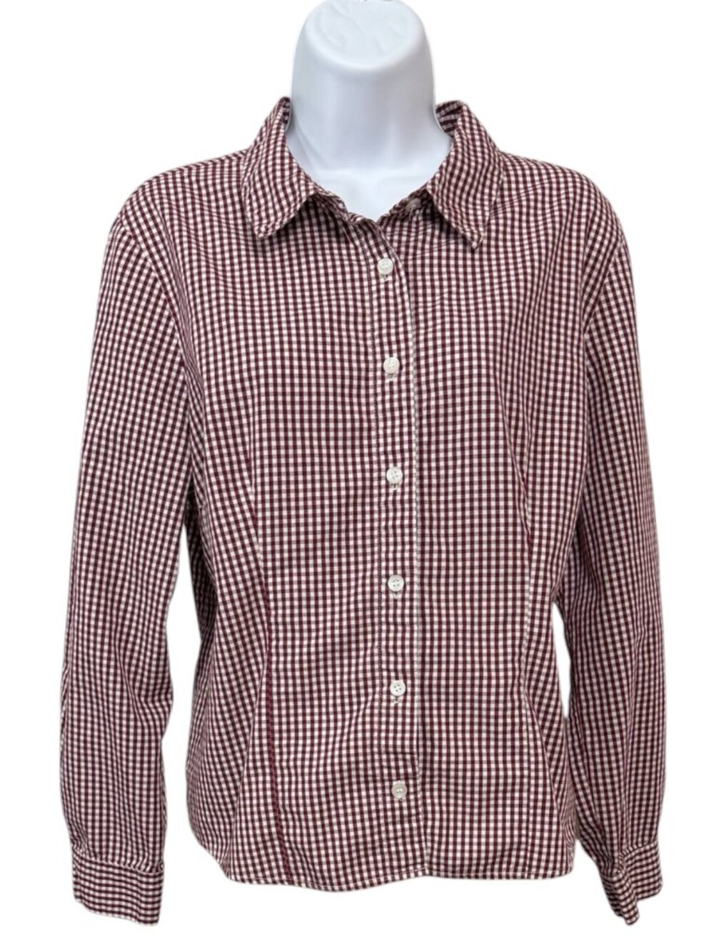Appleseed's Petite Large Red Micro Gingham Plaid Cotton Button Up